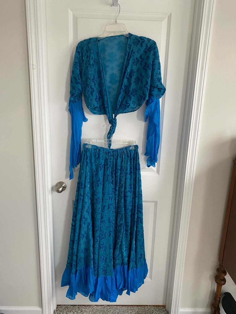 Blue Floral Maxi Skirt Set with Ruffled Hem
